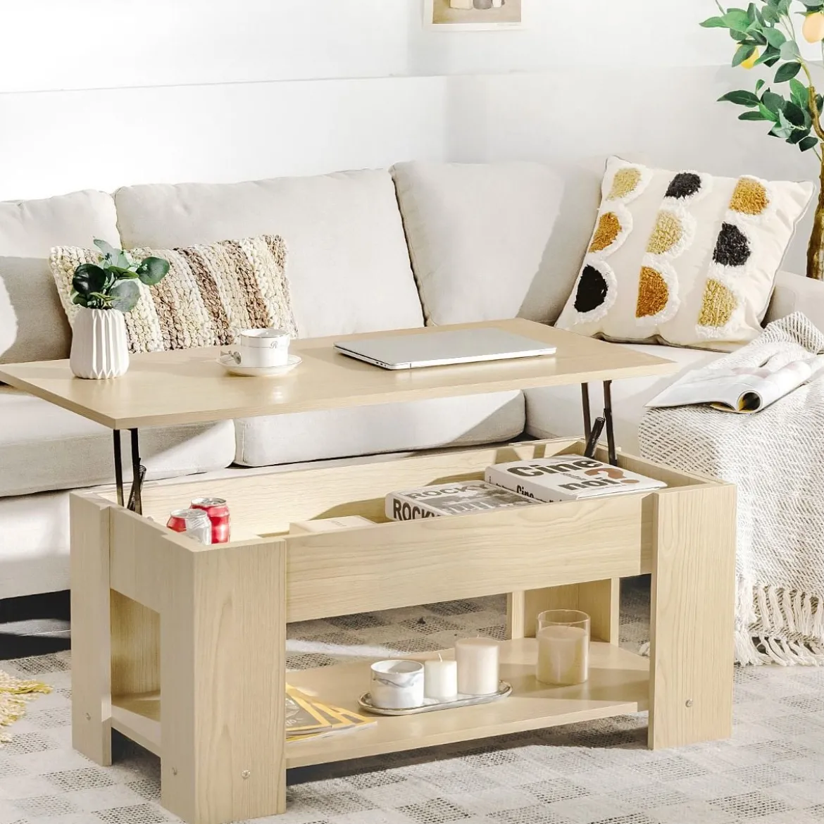 Couchtisch mit Klapp-Schreibtisch & verstecktem Ablagefachaus umweltfreundlichem Material Natur