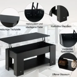 Couchtisch mit Klapp-Schreibtisch moderner Kaffeeschreibtisch 98 x 51 x 42 cm Schwarz