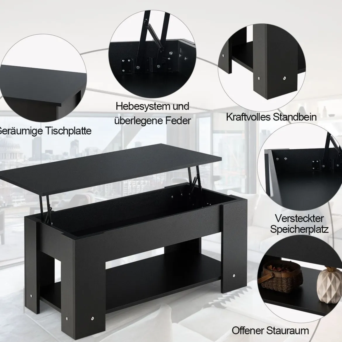 Couchtisch mit Klapp-Schreibtisch moderner Kaffeeschreibtisch 98 x 51 x 42 cm Schwarz