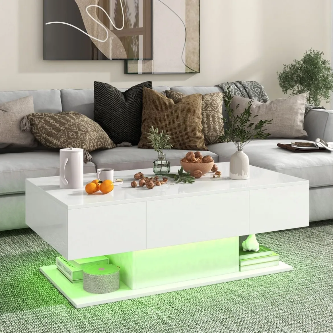 Couchtisch mit LED Beleuchtung Hochglanz 20 Farben Helligkeit einstellbar 110 x 60 x 40 cm Weiß
