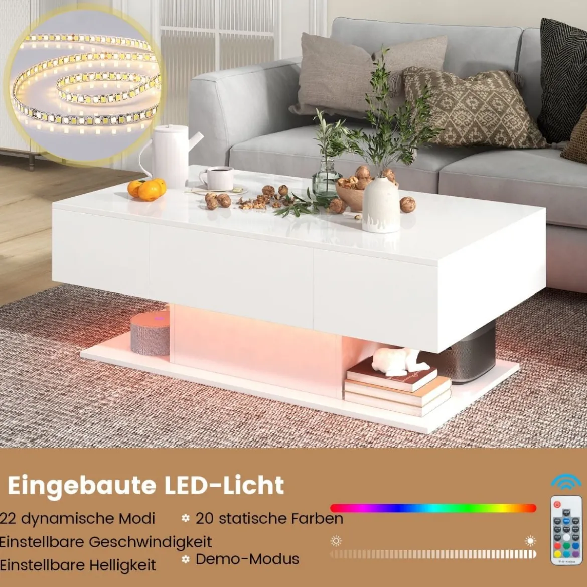 Couchtisch mit LED Beleuchtung Hochglanz 20 Farben Helligkeit einstellbar 110 x 60 x 40 cm Weiß