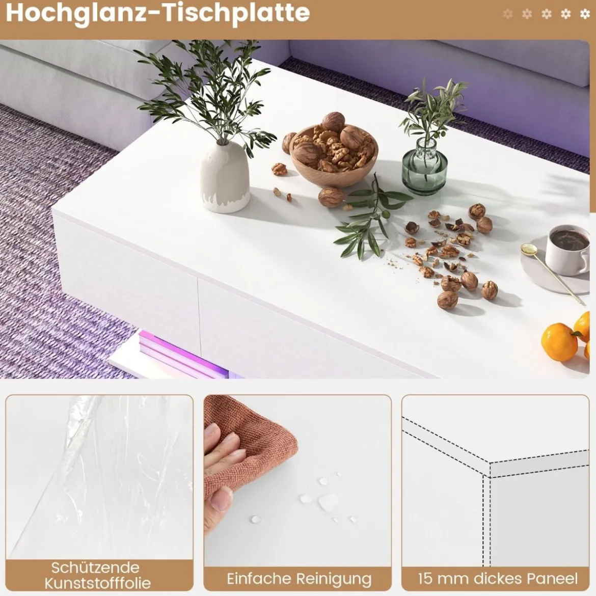 Couchtisch mit LED Beleuchtung Hochglanz 20 Farben Helligkeit einstellbar 110 x 60 x 40 cm Weiß