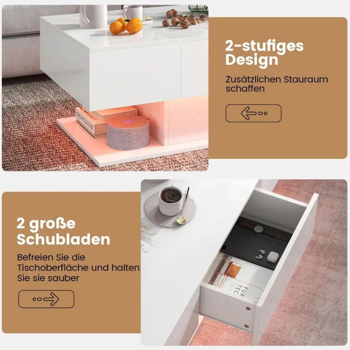Couchtisch mit LED Beleuchtung Hochglanz 20 Farben Helligkeit einstellbar 110 x 60 x 40 cm Weiß