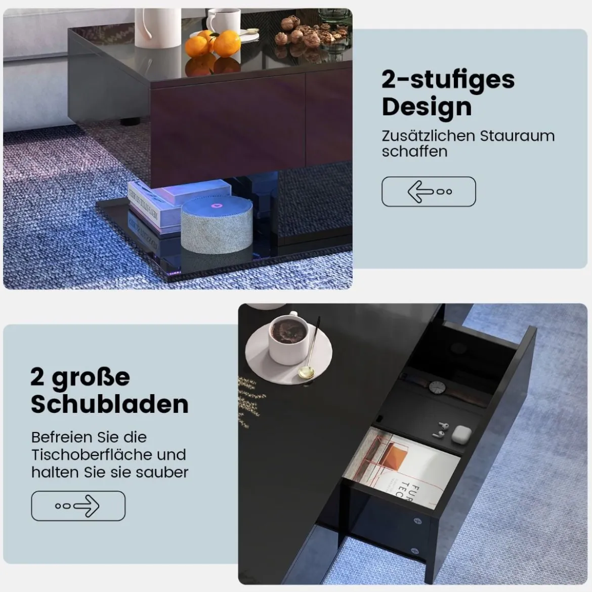 Couchtisch mit LED Beleuchtung Hochglanz 20 Farben Helligkeit einstellbar 110 x 60 x 40 cm Schwarz