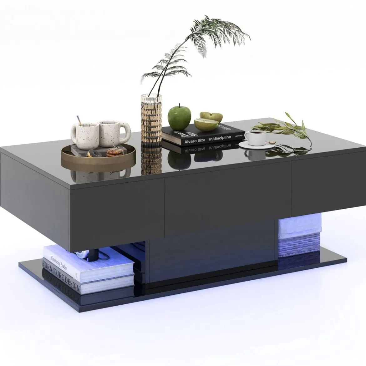 Couchtisch mit LED Beleuchtung Hochglanz 20 Farben Helligkeit einstellbar 110 x 60 x 40 cm Schwarz