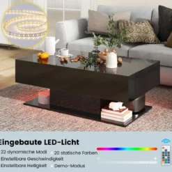 Couchtisch mit LED Beleuchtung Hochglanz 20 Farben Helligkeit einstellbar 110 x 60 x 40 cm Schwarz