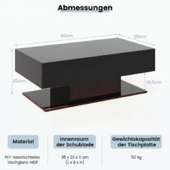 Couchtisch mit LED Beleuchtung Hochglanz 20 Farben Helligkeit einstellbar 110 x 60 x 40 cm Schwarz