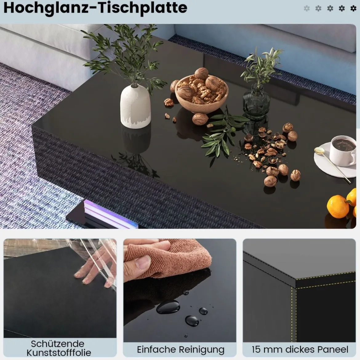 Couchtisch mit LED Beleuchtung Hochglanz 20 Farben Helligkeit einstellbar 110 x 60 x 40 cm Schwarz
