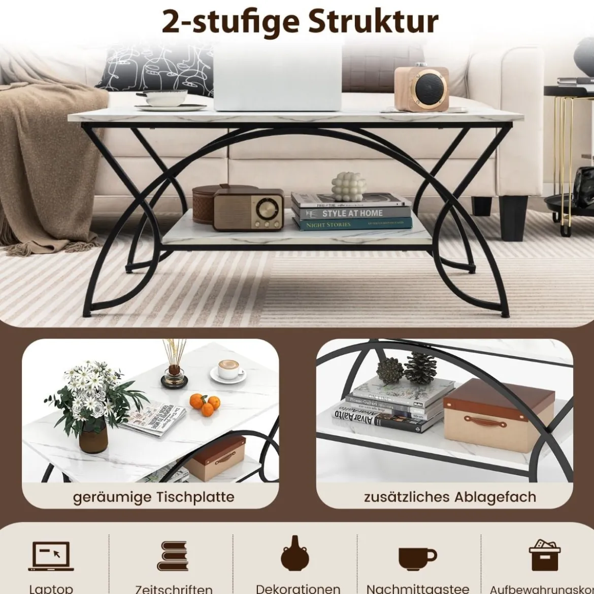 Couchtisch mit Marmoroptik Moderner Sofatisch aus Kunstmarmor 100 x 50 x 45 cm Weiß Schwarz