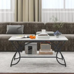 Couchtisch mit Marmoroptik Moderner Sofatisch aus Kunstmarmor 100 x 50 x 45 cm Weiß Schwarz