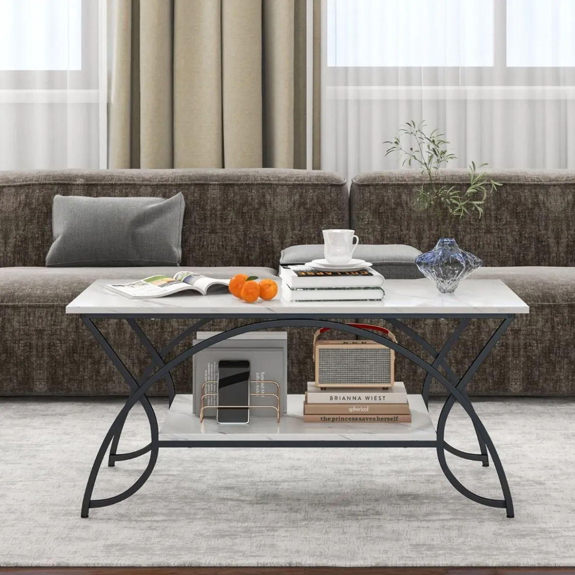 Couchtisch mit Marmoroptik Moderner Sofatisch aus Kunstmarmor 100 x 50 x 45 cm Weiß Schwarz
