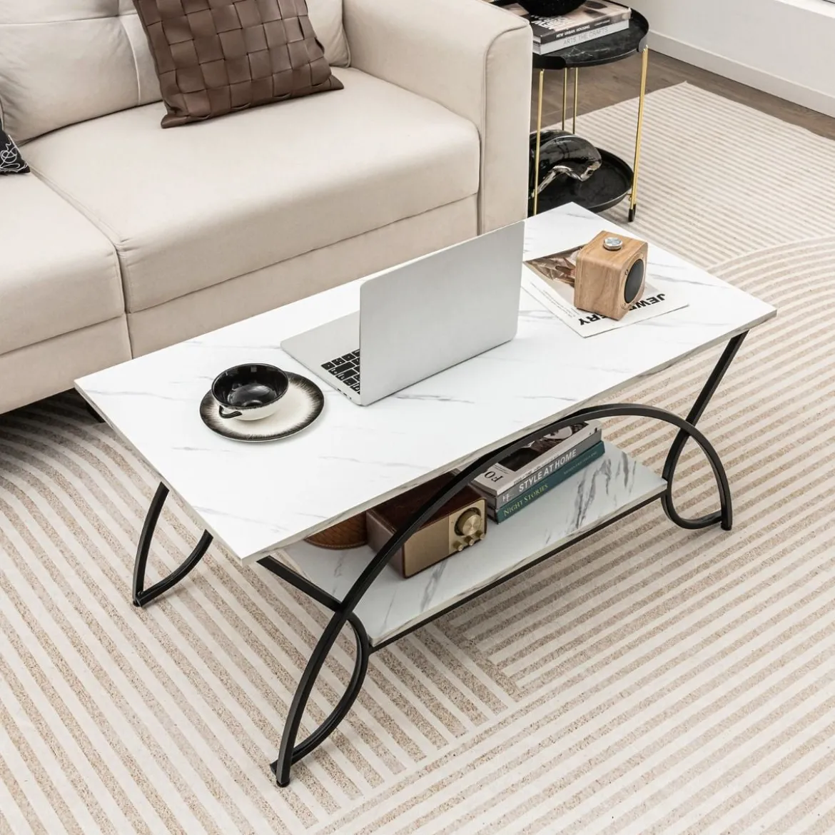 Couchtisch mit Marmoroptik Moderner Sofatisch aus Kunstmarmor 100 x 50 x 45 cm Weiß Schwarz