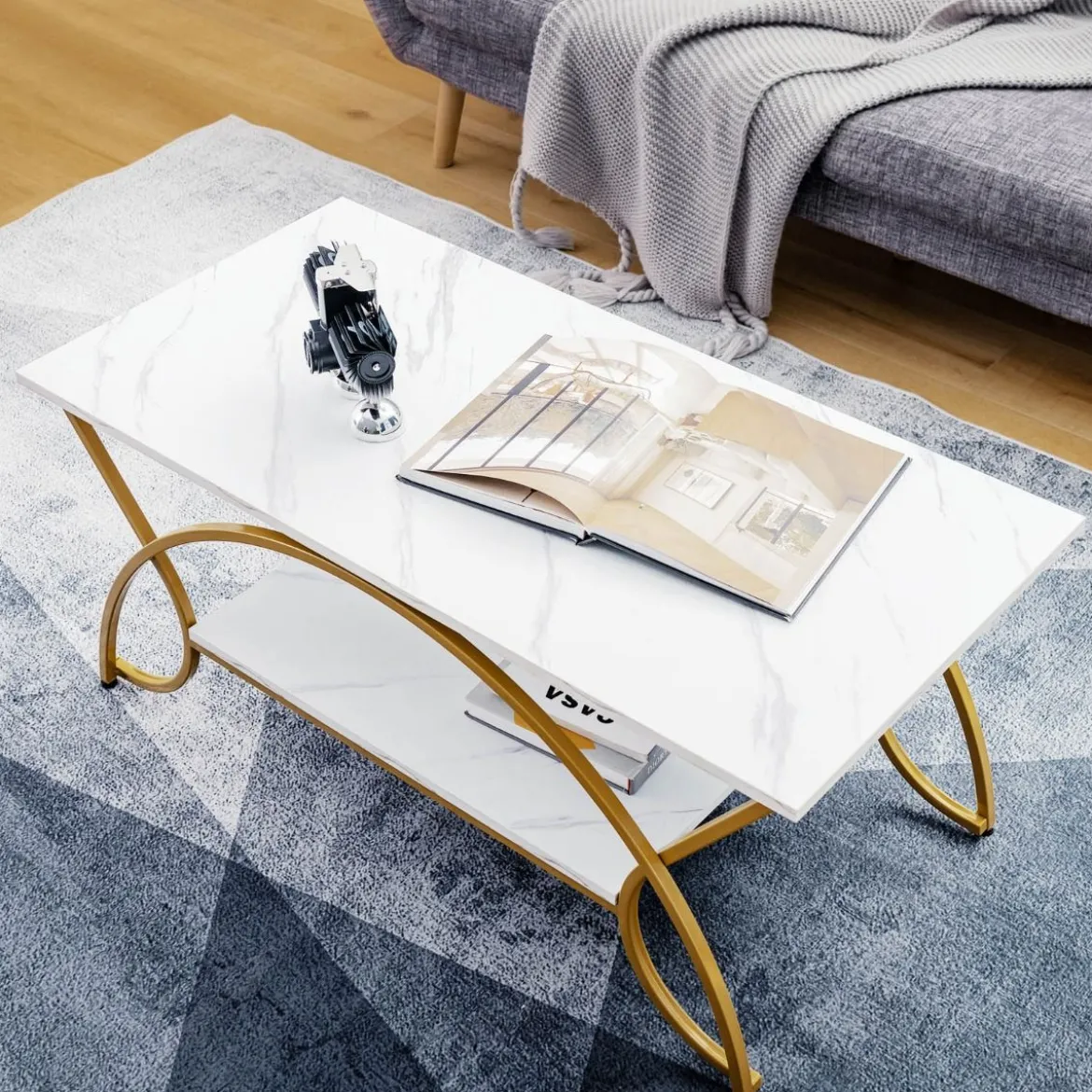 Couchtisch mit Marmoroptik Moderner Sofatisch aus Kunstmarmor 100 x 50 x 45 cm Weiß