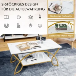 Couchtisch mit Marmoroptik Moderner Sofatisch aus Kunstmarmor 100 x 50 x 45 cm Weiß