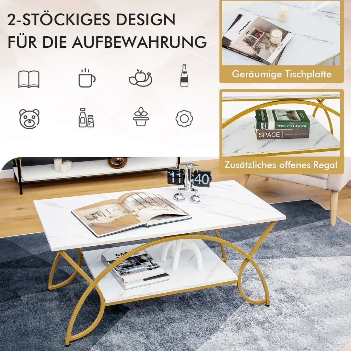 Couchtisch mit Marmoroptik Moderner Sofatisch aus Kunstmarmor 100 x 50 x 45 cm Weiß