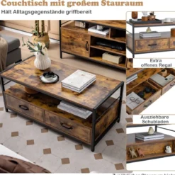 Couchtisch mit 2 Schubladen & Regal Rechteckiger Kaffeetisch für zu Hause 105 x 50 x 45 cm Rustikales Braun