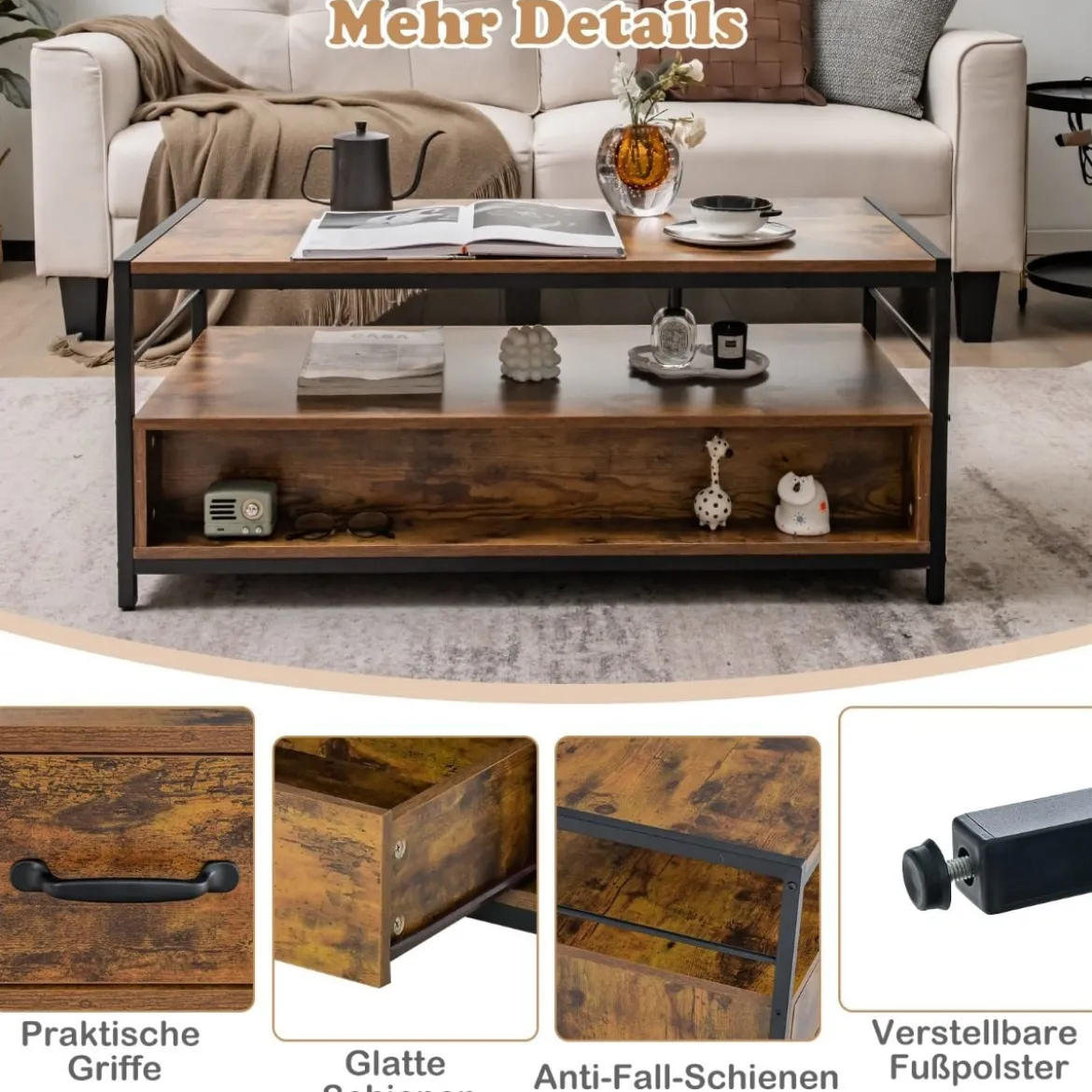 Couchtisch mit 2 Schubladen & Regal Rechteckiger Kaffeetisch für zu Hause 105 x 50 x 45 cm Rustikales Braun
