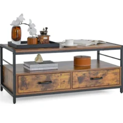 Couchtisch mit 2 Schubladen & Regal Rechteckiger Kaffeetisch für zu Hause 105 x 50 x 45 cm Rustikales Braun