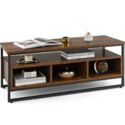 Couchtisch mit Stauraum Industrieller Tisch mit Offenen Regalen 110 x 42,5 x 45 cm Rustikales Braun