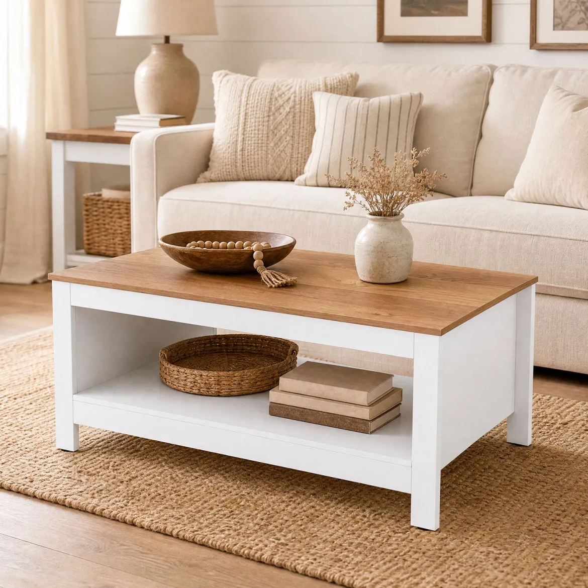 Couchtisch mit Stauraum 2-stufiger Wohnzimmertisch 105 x 60 x 46 cm Weiß
