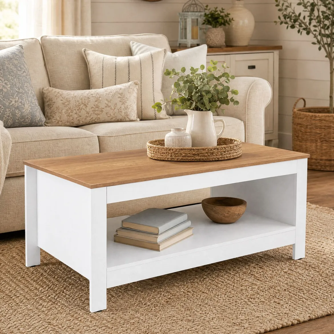 Couchtisch mit Stauraum 2-stufiger Wohnzimmertisch 105 x 60 x 46 cm Weiß