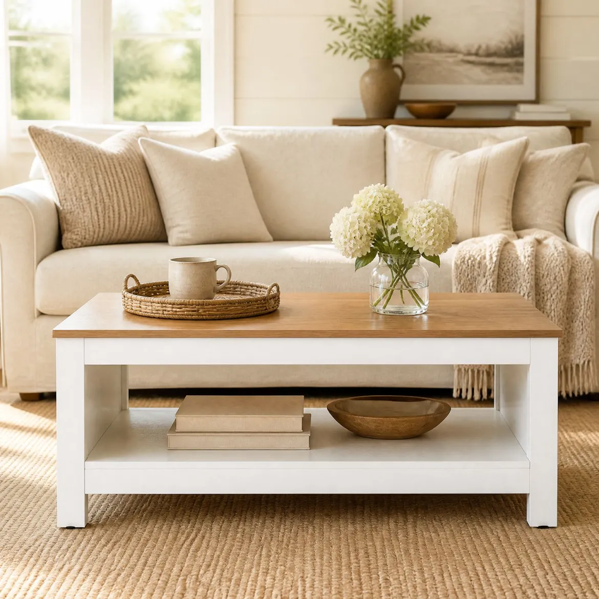 Couchtisch mit Stauraum 2-stufiger Wohnzimmertisch 105 x 60 x 46 cm Weiß