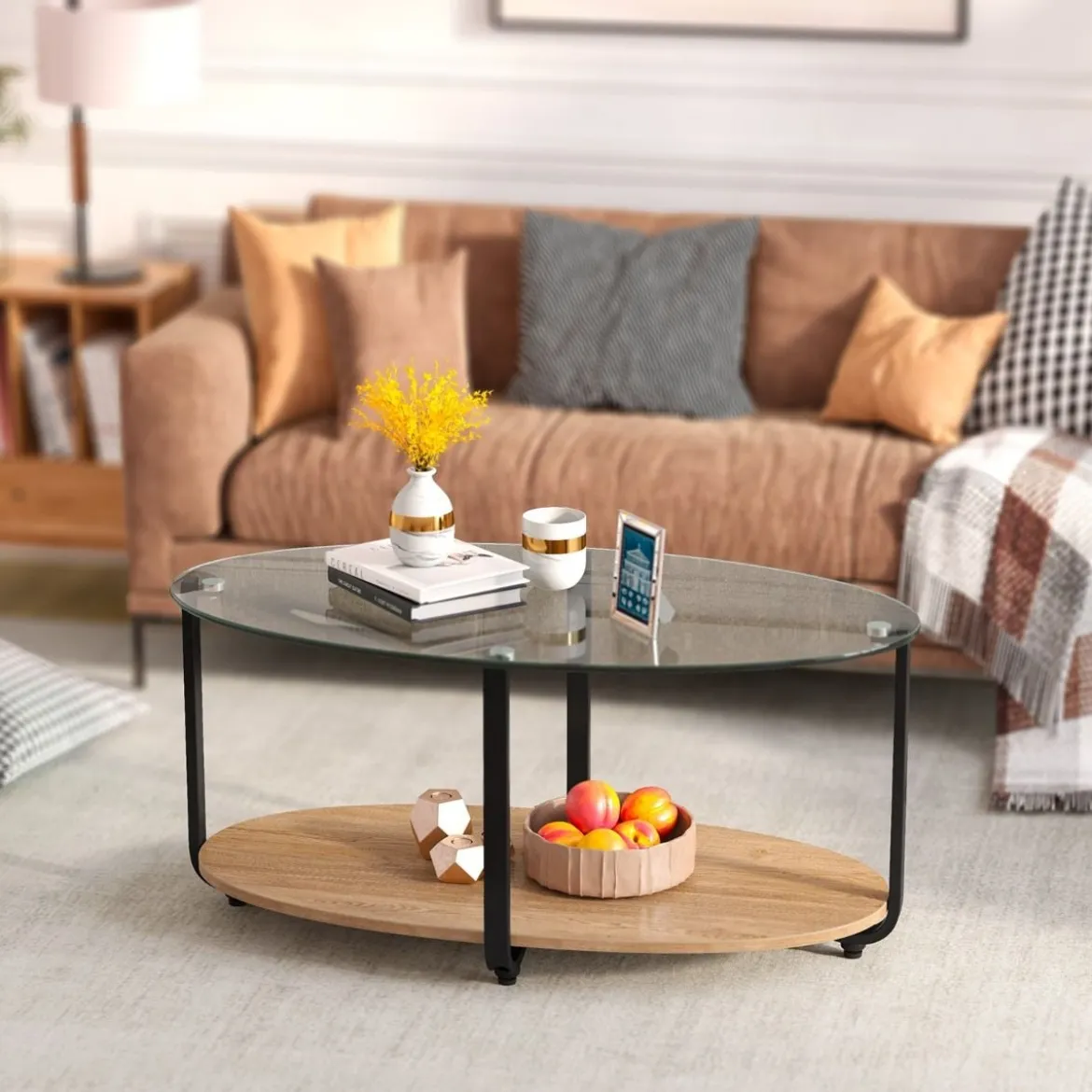 Couchtisch mit Tischplatte aus gehärtetem Glas & wasserdichtem Holzregal Natur