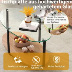 Couchtisch mit Tischplatte aus gehärtetem Glas & wasserdichtem Holzregal Natur