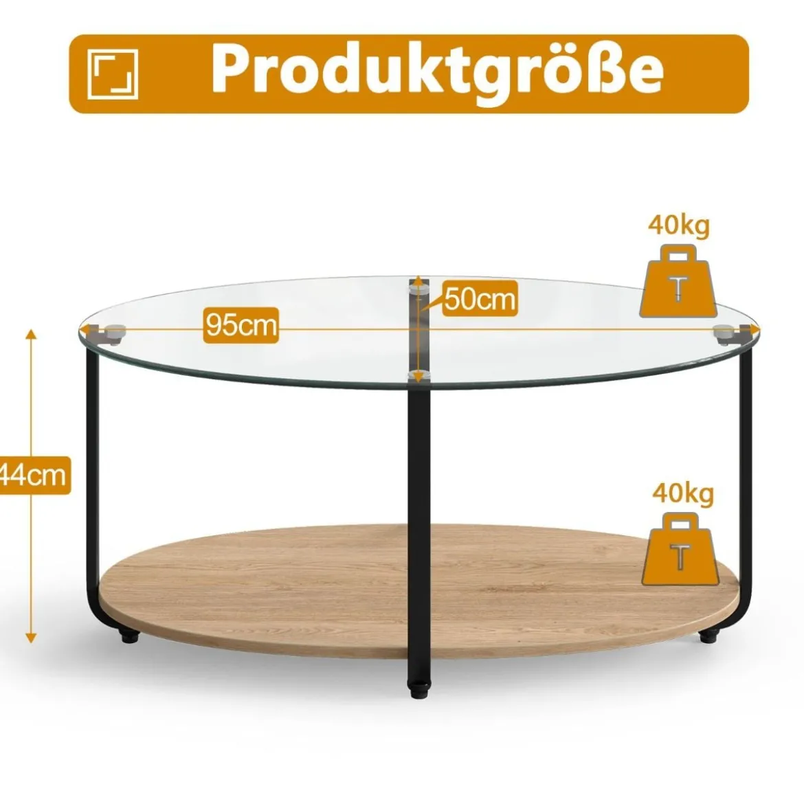 Couchtisch mit Tischplatte aus gehärtetem Glas & wasserdichtem Holzregal Natur