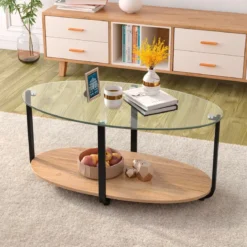 Couchtisch mit Tischplatte aus gehärtetem Glas & wasserdichtem Holzregal Natur