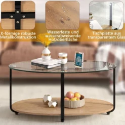 Couchtisch mit Tischplatte aus gehärtetem Glas & wasserdichtem Holzregal Natur