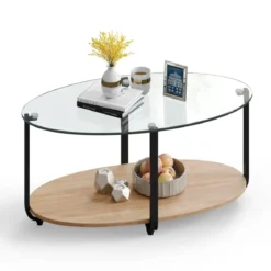Couchtisch mit Tischplatte aus gehärtetem Glas & wasserdichtem Holzregal Natur