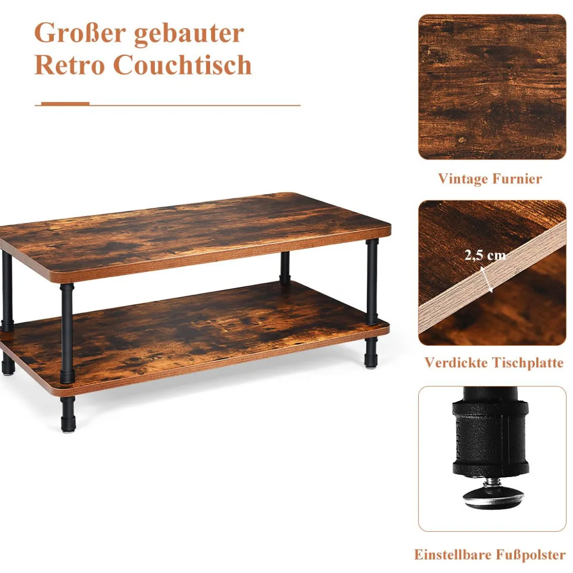 Couchtisch Nostalgie Sofatisch mit dicker Tischplatte 110 x 60 x 45 cm Braun
