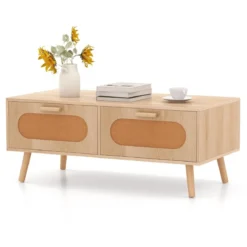 Couchtisch Rattan Wohnzimmertisch mit 2 Schubladen Kaffeetisch 100 x 50 x 41 cm Natur
