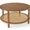 Couchtisch Rund Ø80 cm Wohnzimmertisch Holz mit Glasplatte PE-Rattan-Ablage & Massiven Holzbeinen