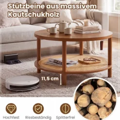 Couchtisch Rund Ø80 cm Wohnzimmertisch Holz mit Glasplatte PE-Rattan-Ablage & Massiven Holzbeinen