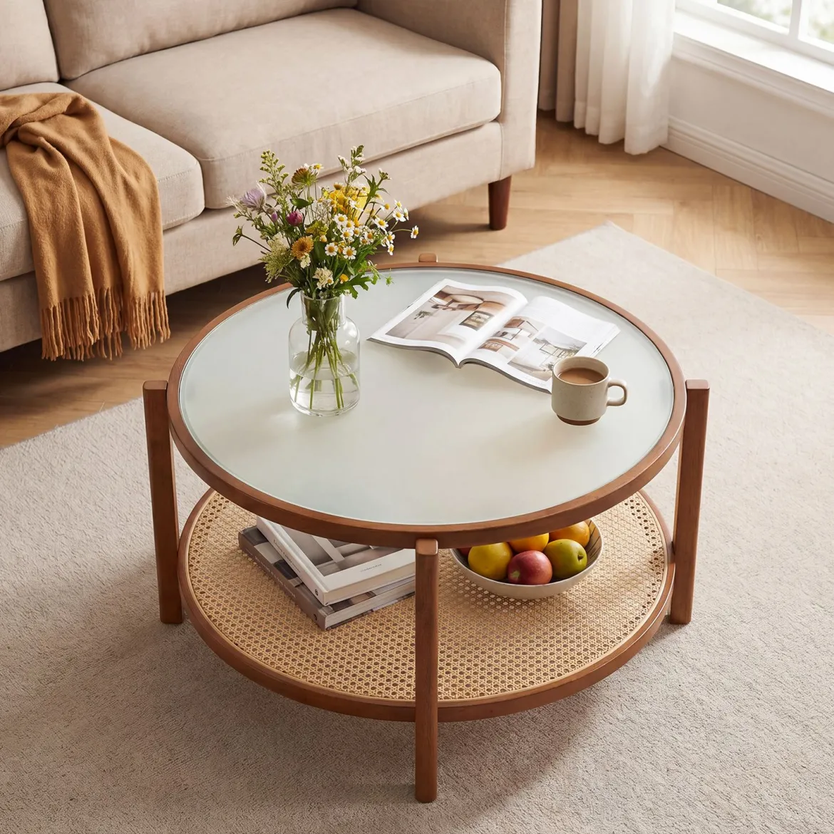 Couchtisch Rund 2-Ebenen Wohnzimmertisch Holz mit Glasplatte & Rattan Ablage Walnuss