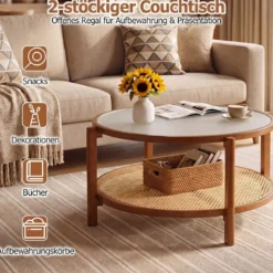 Couchtisch Rund 2-Ebenen Wohnzimmertisch Holz mit Glasplatte & Rattan Ablage Walnuss