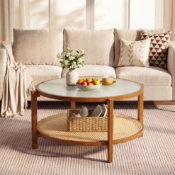 Couchtisch Rund 2-Ebenen Wohnzimmertisch Holz mit Glasplatte & Rattan Ablage Walnuss