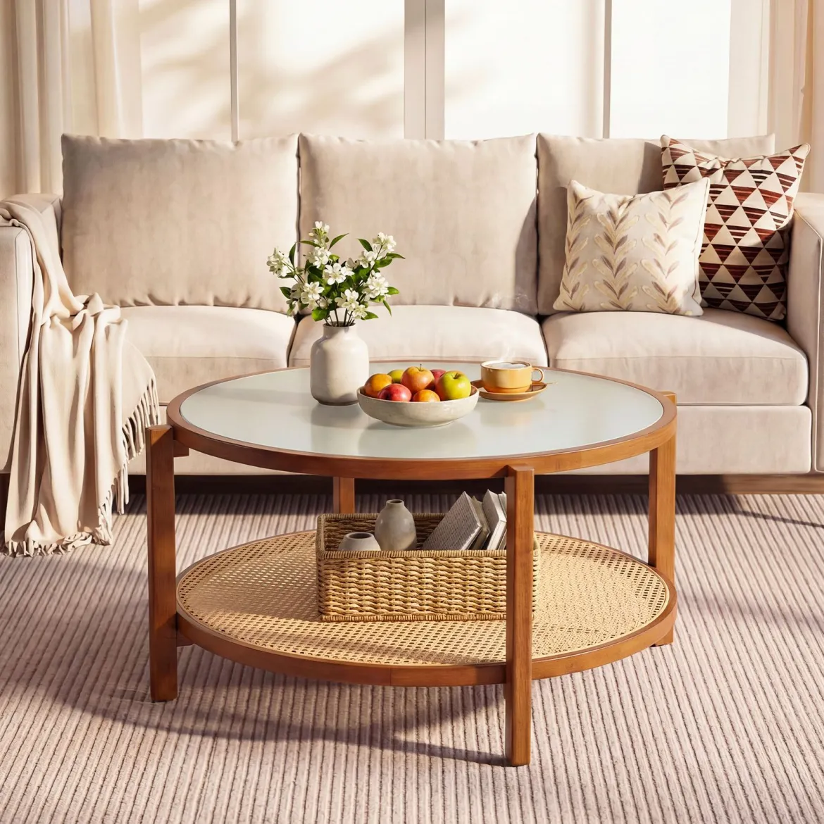 Couchtisch Rund 2-Ebenen Wohnzimmertisch Holz mit Glasplatte & Rattan Ablage Walnuss