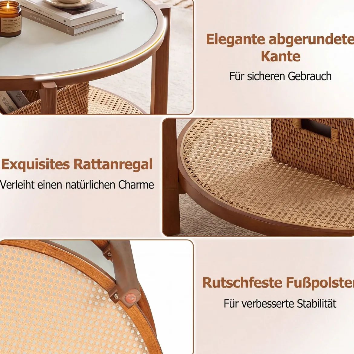Couchtisch Rund 2-Ebenen Wohnzimmertisch Holz mit Glasplatte & Rattan Ablage Walnuss