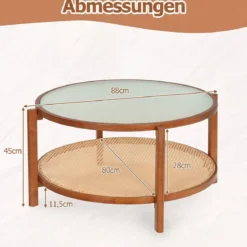 Couchtisch Rund 2-Ebenen Wohnzimmertisch Holz mit Glasplatte & Rattan Ablage Walnuss