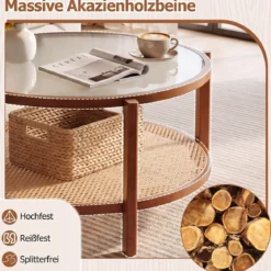Couchtisch Rund 2-Ebenen Wohnzimmertisch Holz mit Glasplatte & Rattan Ablage Walnuss