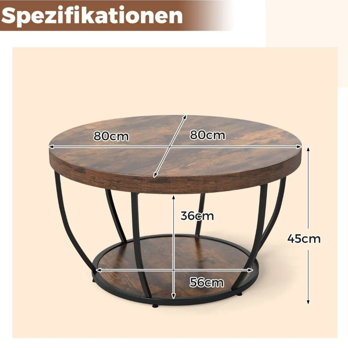 Couchtisch rund Sofatisch Holz mit 2 Ebenen & Metallrahmen Wohnzimmertisch Kafeetisch Natur/Rustikales Braun/Weiß