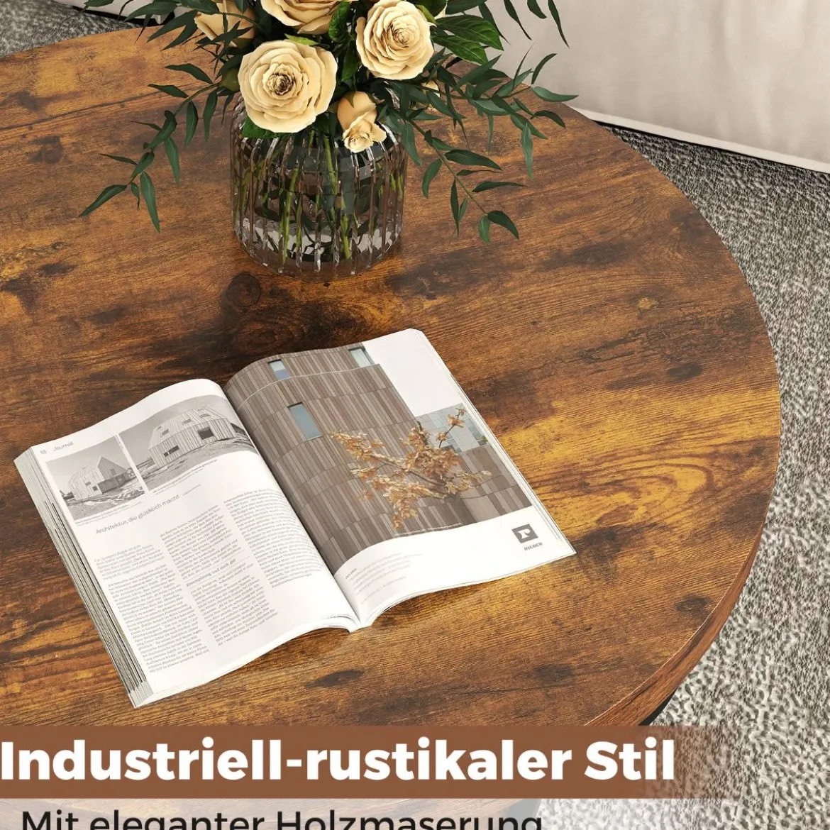 Couchtisch rund Sofatisch Holz mit 2 Ebenen & Metallrahmen Wohnzimmertisch Kafeetisch Natur/Rustikales Braun/Weiß