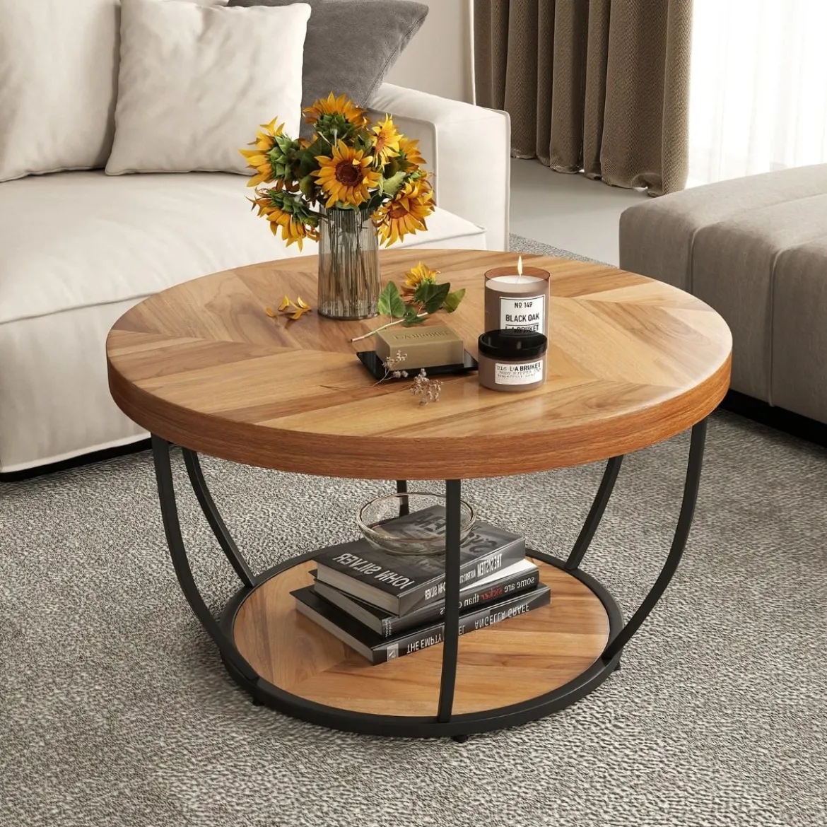 Couchtisch rund Sofatisch Holz mit 2 Ebenen & Metallrahmen Wohnzimmertisch Kafeetisch Natur/Rustikales Braun/Weiß