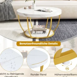 Couchtisch rund Sofatisch Holz mit 2 Ebenen & Metallrahmen Wohnzimmertisch Kafeetisch Natur/Rustikales Braun/Weiß