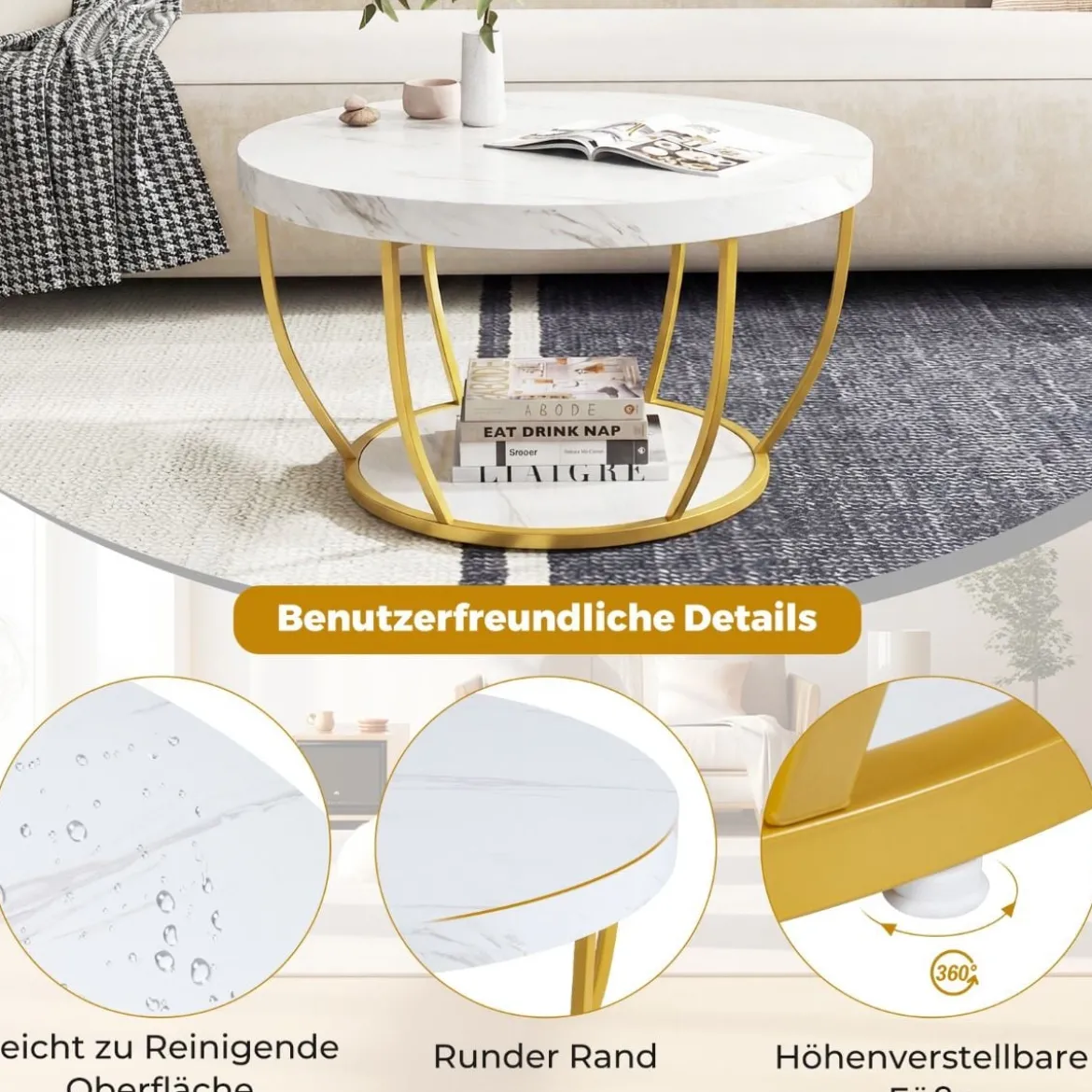 Couchtisch rund Sofatisch Holz mit 2 Ebenen & Metallrahmen Wohnzimmertisch Kafeetisch Natur/Rustikales Braun/Weiß