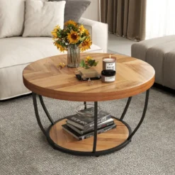 Couchtisch rund Sofatisch Holz mit 2 Ebenen & Metallrahmen Wohnzimmertisch Kafeetisch Natur/Rustikales Braun/Weiß
