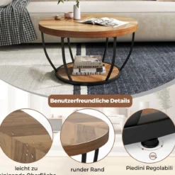 Couchtisch rund Sofatisch Holz mit 2 Ebenen & Metallrahmen Wohnzimmertisch Kafeetisch Natur/Rustikales Braun/Weiß